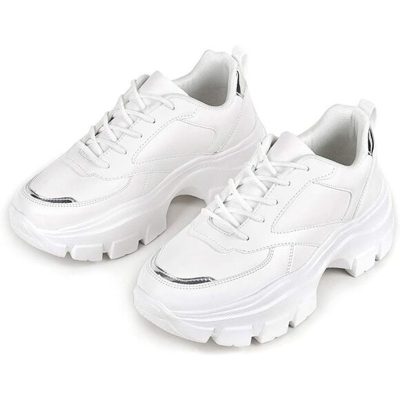 Lucky Step Women's White Silver Platform Dad Casual Lace Up Walking Sneakers - Picture 8 of 8